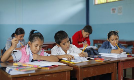 niñosy niñas escolares escriben en sus cuadernos en la sala de clases