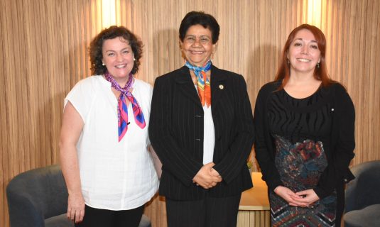 Paulina Flotts, directora de MIDE Internacional, junto a la viceministra de Educación Superior de República Dominicana, Carmen Evarista Matías, y Mariela Rivera, coordinadora del área Internacional de MIDE UC